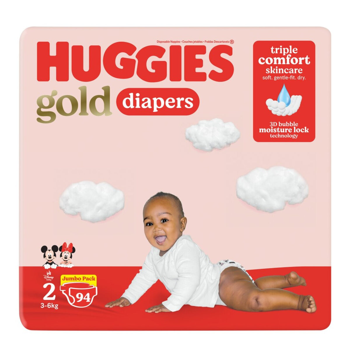 huggies jumbo unisex gold disposable nappies size 2 (1 x 94's)